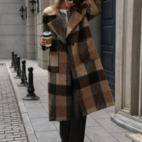 Multicolor Casual Women's Plaid Lapel Wool Blend Long Sleeve Cardigan Coat - Picture 8 of 8